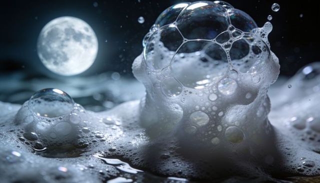 Moonlit iridescent soap foam cluster with luminous bubble dome and reflective froth macro