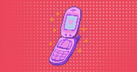 Retro pink pixel art flip phone with heart icon