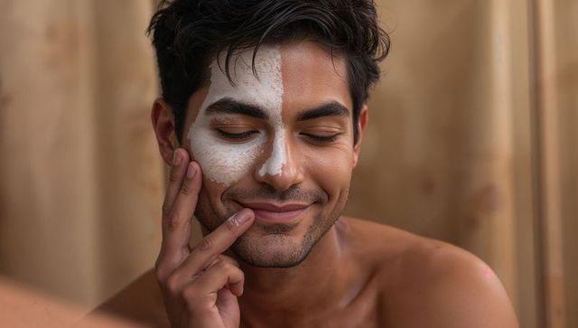 Smiling man applying facial mask in wood-panel bathroom for skincare self-care