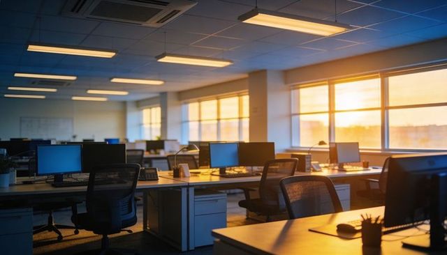 Open-plan office workstations bathing in sunset light with empty desks and glowing screens