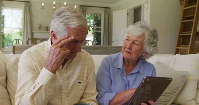 Stressed caucasian senior couple smiling while using digital tablet sitting on the couch at home. retirement senior couple lifestyle living concept