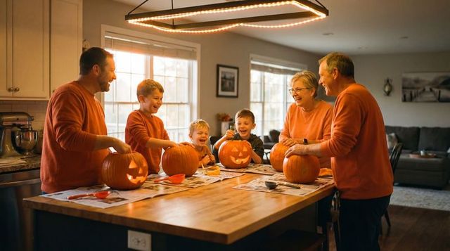 Multigenerational family carving jack-o'-lanterns on wooden kitchen island at home
