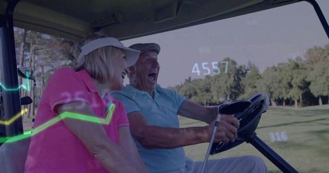 Senior Couple Driving Golf Cart with Data Overlay