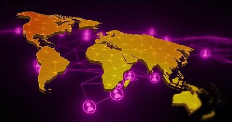 Golden World Map with Neon Network Links and Glowing User Avatars for Global Connectivity