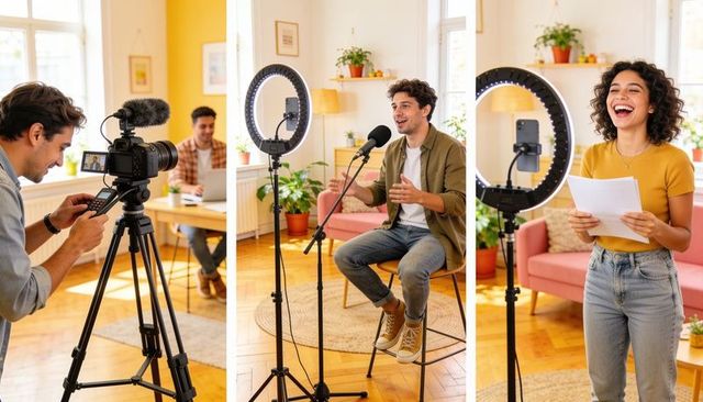 Home podcast production team filming hosts with ring light, microphone and camera