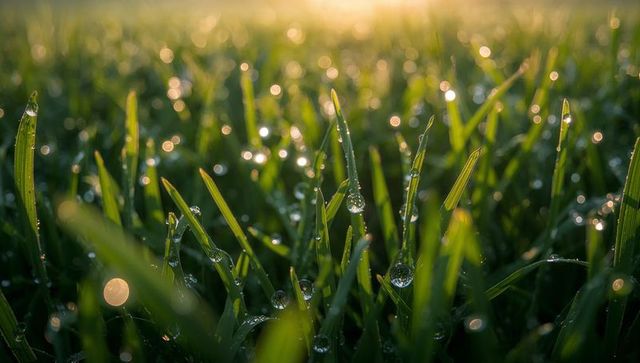 Dew-dotted grass blades glowing at sunrise with backlit bokeh droplets