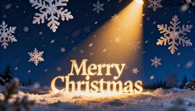 Glowing Merry Christmas Sign on Snow with Hanging Snowflakes and Warm Spotlight