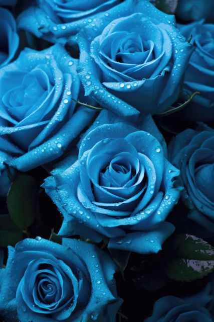 Close up of blue roses with water drops, created using generative ai technology. Rose, flower, nature and colour concept digitally generated image.