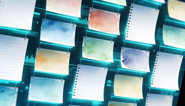 Floating grid of watercolor sticky notes on holographic hud dashboard for organization