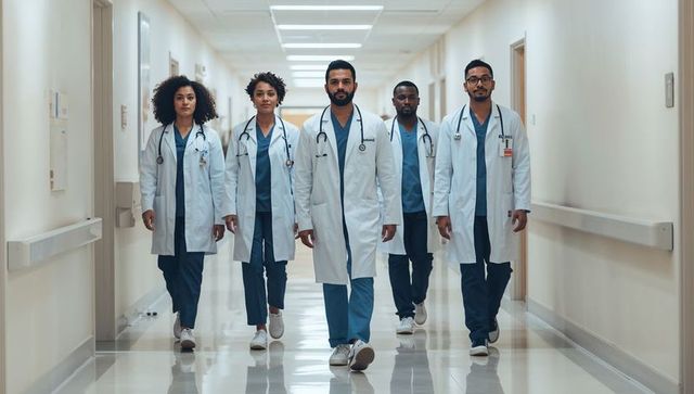 Walking medical team of physicians and clinicians in white coats down hospital corridor