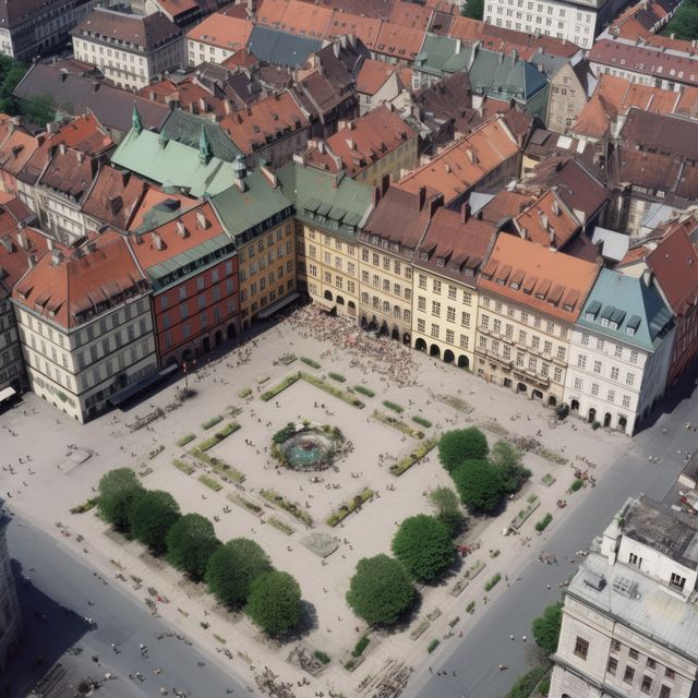 This image showcases an aerial view of a historic European town square, surrounded by colorful buildings. There is a large open space in the center with a fountain and lush green trees. People are seen walking and gathering around the square. This image is ideal for use in travel brochures, historical site promotions, city guides, cultural tourism advertisements, and educational materials about urban planning and history.