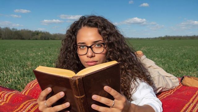 Young woman reading leather-bound book on red blanket in green meadow under clear blue sky