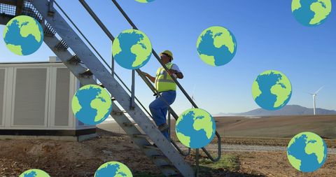 Engineer Climbing Stairs Towards Renewable Energy Future - Download Free Stock Images Pikwizard.com
