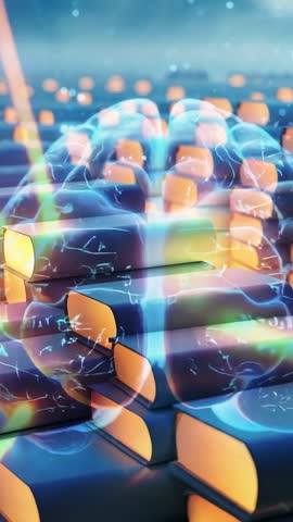 Vertical AI visualization: Holographic neural brain forming above book grid pulsing with data