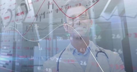 Doctor analyzing financial chart in high-tech medical data server room