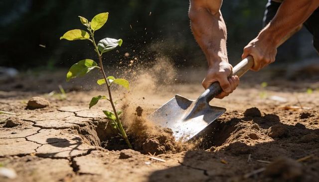 Planting sapling in cracked dry soil with shovel, hands digging, dust rising, reforestation action