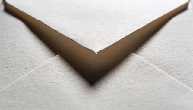Off-white envelope flap revealing v-shaped shadow and textured deckle cardstock macro