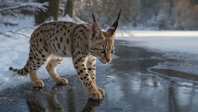 Serval walking and stepping across glossy ice leaving paw prints in snowy woodland morning