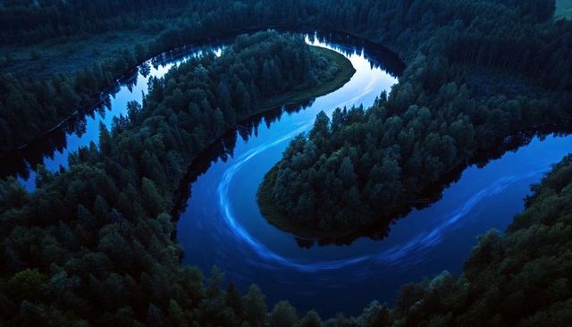 Moonlit river meander curving around forested island at twilight aerial landscape drone