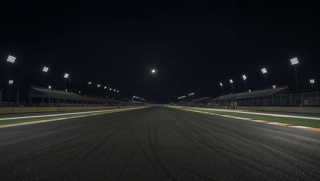 Moonlit race track with skidmarked straightaway at night