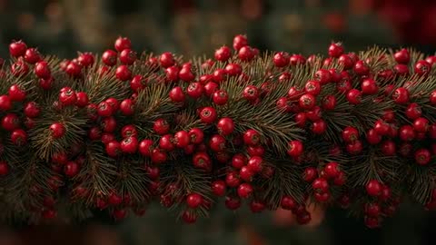 Shifting camera revealing red berries and pine needles on festive garland with warm bokeh