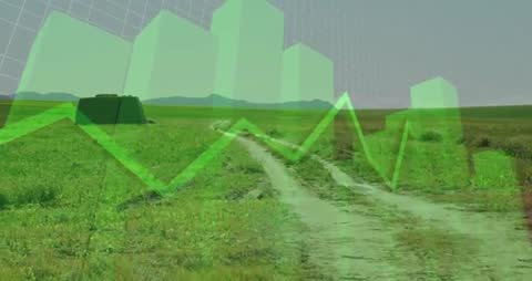 Green Data Overlay Rising Over Rural Plain Showing Trend Lines and Bar Charts