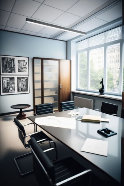 Interior of meeting room with window, table and chairs, created using generative ai technology. Business and meeting room concept digitally generated image.
