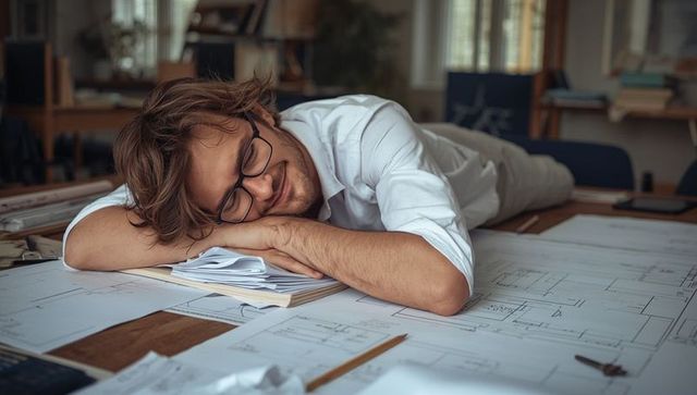 Tired Architect Sleeping on Blueprint-laden Desk