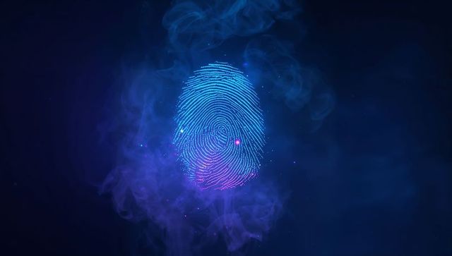 Glowing neon fingerprint in futuristic digital smoke