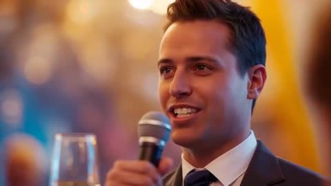 Young Man in Suit Delivering Toast and Speech at Elegant Reception with Warm Bokeh Lights