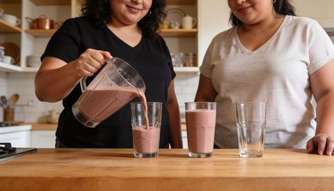 Two women pouring pink smoothie from blender pitcher at home kitchen counter, sharing