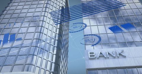 Futuristic Bank Building with Digital Infographics Concept - Download Free Stock Images Pikwizard.com