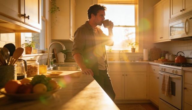 Leaning man sipping coffee at sunlit kitchen counter during golden hour with cozy warmth