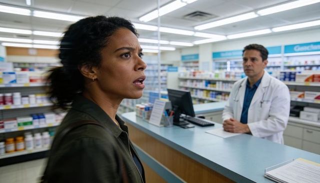Frustrated customer confronting pharmacist over prescription wait at drugstore counter