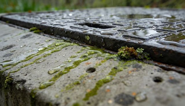 Rain collecting on mossy concrete ledge and rusted metal grate with water droplets