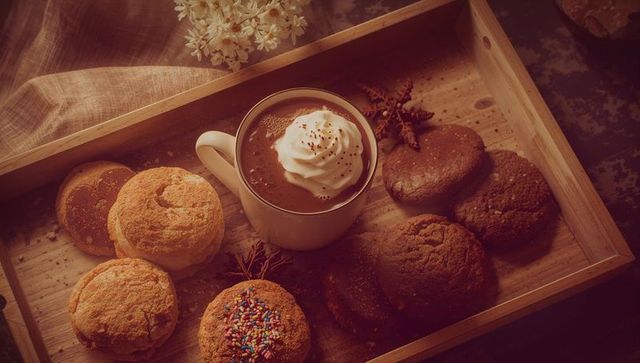 Cozy Dessert Tray with Hot Chocolate and Variety of Cookies