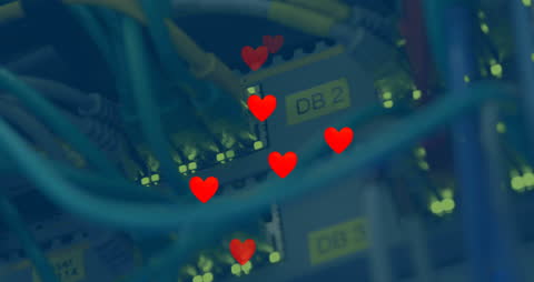 Network Server Room with Animated Hearts Overlay
