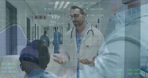 Doctor Consulting Patient with Data Overlay in Hospital Hallway