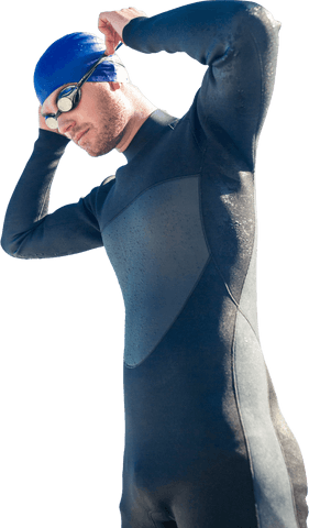 Athletic male swimmer prepares with goggles on transparent background