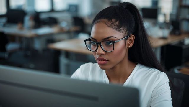 Focused professional woman working at computer in modern open-plan office wearing glasses