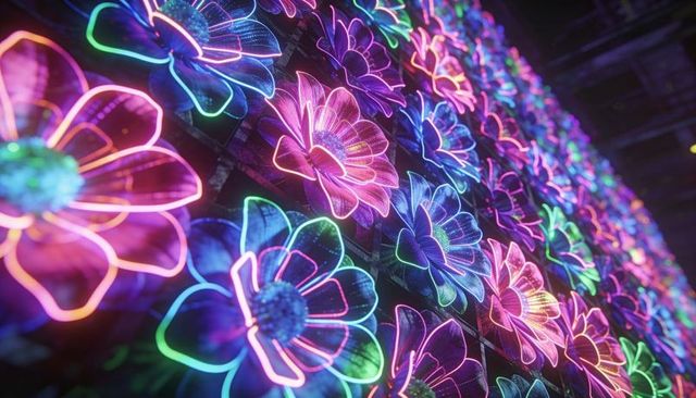 Glowing neon flower wall receding diagonally across modular led grid with futuristic glow