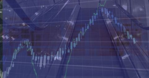 Ascending escalators overlay candlestick chart in modern office lobby