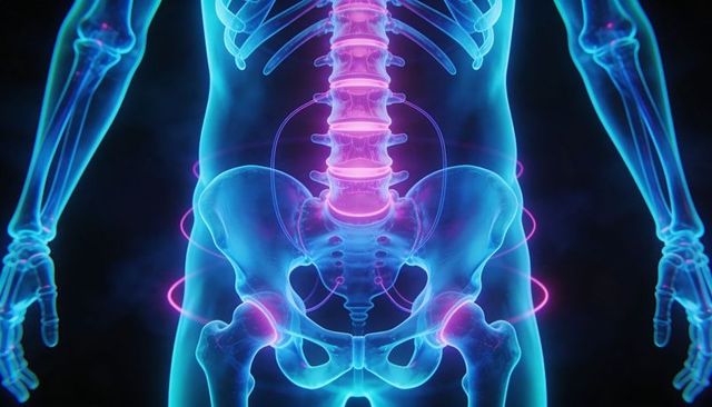 Highlighting lumbar spine and pelvic anatomy with glowing magenta rings 3d medical render
