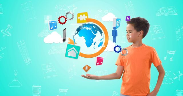 A boy in an orange shirt interacting with floating educational and technological icons, with an illustrated globe and various subject symbols, such as books, pencils, and gears, in the background. Ideal for promoting educational apps, virtual learning platforms, and STEM education.
