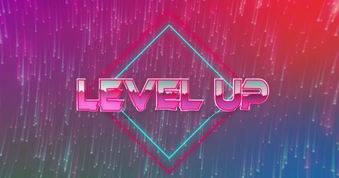 Neon Level Up Sign on Vibrant Background with Light Streaks