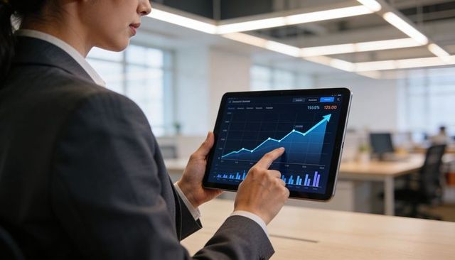 Asian businesswoman pointing at rising financial dashboard on tablet in modern office