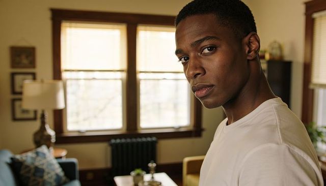 Young man standing in sunlit living room wearing white tee looking thoughtful and confident