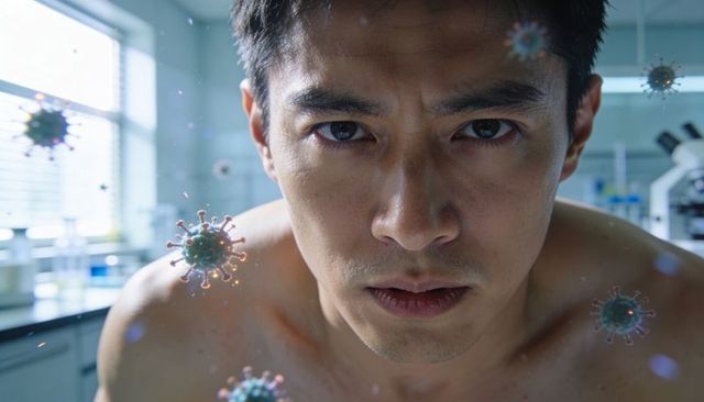 Closeup shirtless man confronting floating virus particles at lab bench with microscope