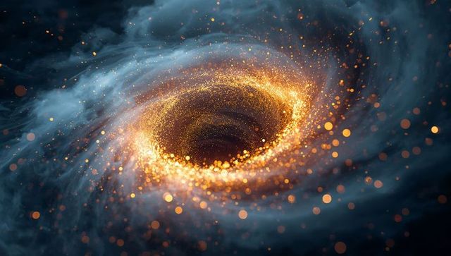 Swirling Golden Vortex Pulling Nebular Clouds into Dark Void with Sparkling Ring