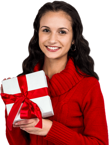 Smiling Woman Holding Gift Box on Transparent Background